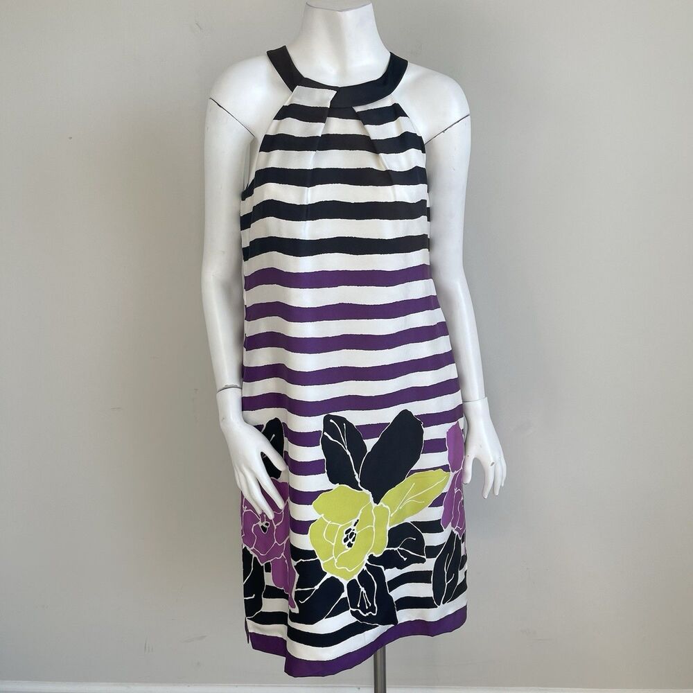 Hobbs Sleeveless 100% Silk Floral Striped Sheath‎ Dress 10 Resort Summer Party